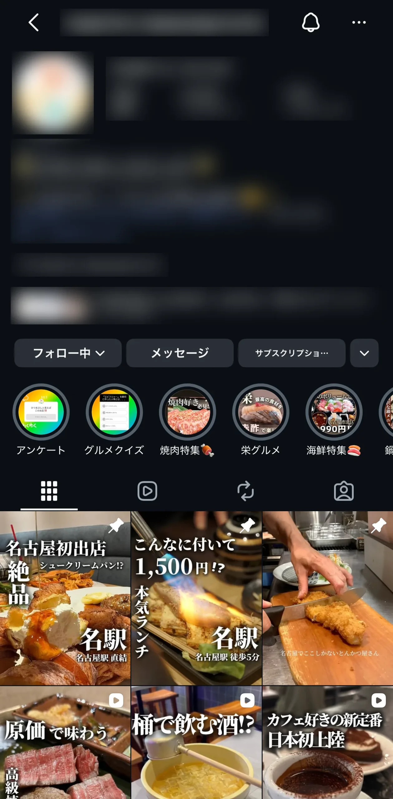 グルメメディアのInstagram運用実績(アカウント名・数字は伏せています)